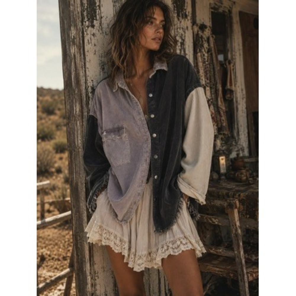 POL Colorblock Corduroy Button Down Shacket Gray Tan Distressed SMJ183 Small